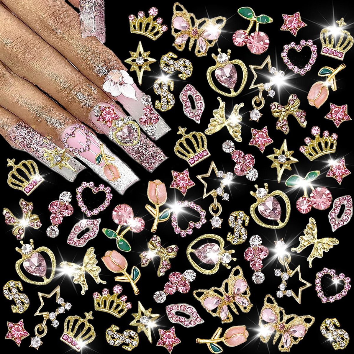 KACHIMOO 30 PCS Pink Nail Charms Y2k Nail Charm Shiny Rhinestones for Nails - 3D Heart, Bow, Star, Cherry, Crown, Butterfly, Flower Nail Gems, Gold Nail Art Charms for Women Girls Nail DIY Avelisse