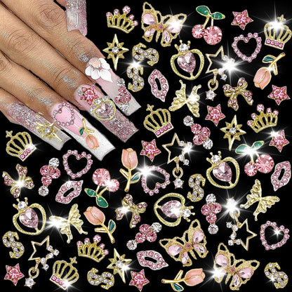 KACHIMOO 30 PCS Pink Nail Charms Y2k Nail Charm Shiny Rhinestones for Nails - 3D Heart, Bow, Star, Cherry, Crown, Butterfly, Flower Nail Gems, Gold Nail Art Charms for Women Girls Nail DIY Avelisse