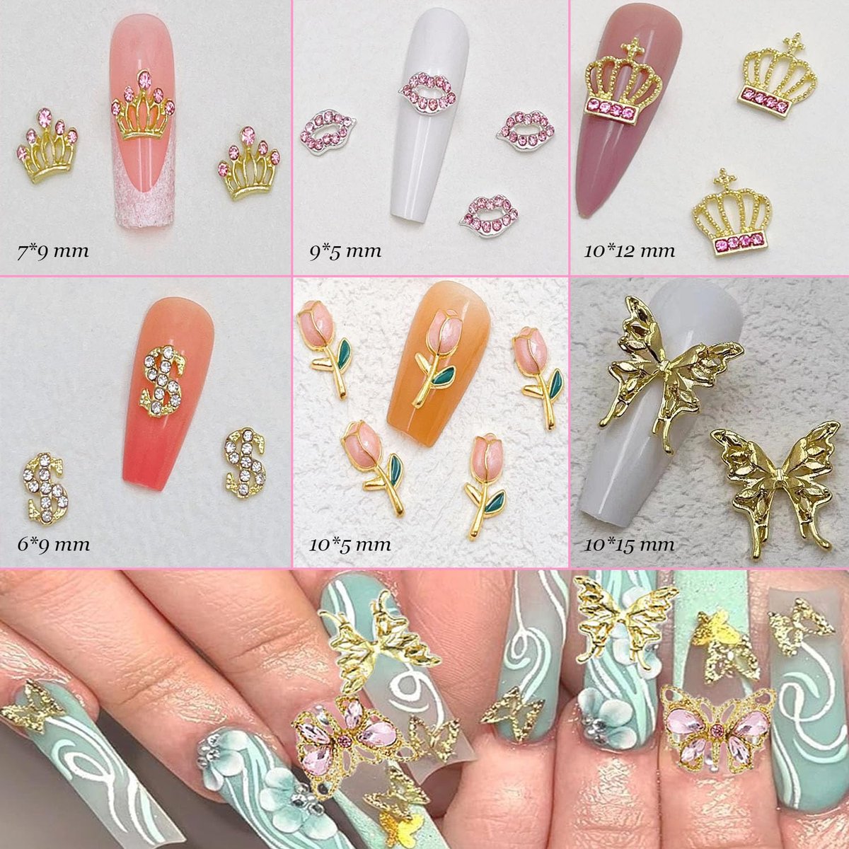 KACHIMOO 30 PCS Pink Nail Charms Y2k Nail Charm Shiny Rhinestones for Nails - 3D Heart, Bow, Star, Cherry, Crown, Butterfly, Flower Nail Gems, Gold Nail Art Charms for Women Girls Nail DIY Avelisse