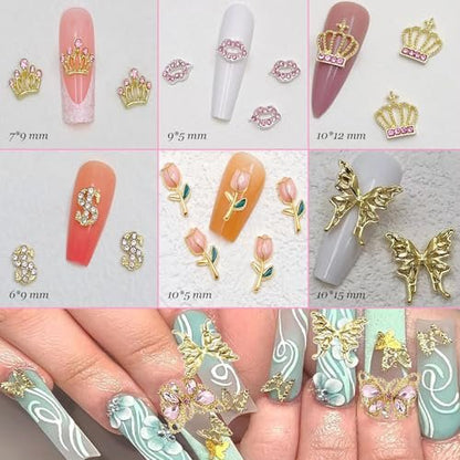 KACHIMOO 30 PCS Pink Nail Charms Y2k Nail Charm Shiny Rhinestones for Nails - 3D Heart, Bow, Star, Cherry, Crown, Butterfly, Flower Nail Gems, Gold Nail Art Charms for Women Girls Nail DIY Avelisse