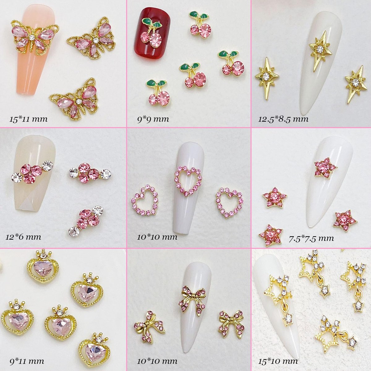 KACHIMOO 30 PCS Pink Nail Charms Y2k Nail Charm Shiny Rhinestones for Nails - 3D Heart, Bow, Star, Cherry, Crown, Butterfly, Flower Nail Gems, Gold Nail Art Charms for Women Girls Nail DIY Avelisse