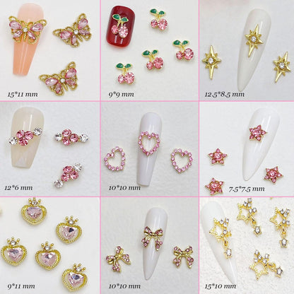KACHIMOO 30 PCS Pink Nail Charms Y2k Nail Charm Shiny Rhinestones for Nails - 3D Heart, Bow, Star, Cherry, Crown, Butterfly, Flower Nail Gems, Gold Nail Art Charms for Women Girls Nail DIY Avelisse