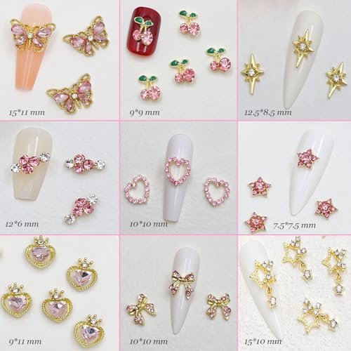 KACHIMOO 30 PCS Pink Nail Charms Y2k Nail Charm Shiny Rhinestones for Nails - 3D Heart, Bow, Star, Cherry, Crown, Butterfly, Flower Nail Gems, Gold Nail Art Charms for Women Girls Nail DIY Avelisse