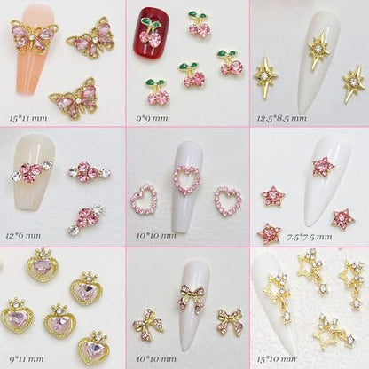 KACHIMOO 30 PCS Pink Nail Charms Y2k Nail Charm Shiny Rhinestones for Nails - 3D Heart, Bow, Star, Cherry, Crown, Butterfly, Flower Nail Gems, Gold Nail Art Charms for Women Girls Nail DIY Avelisse