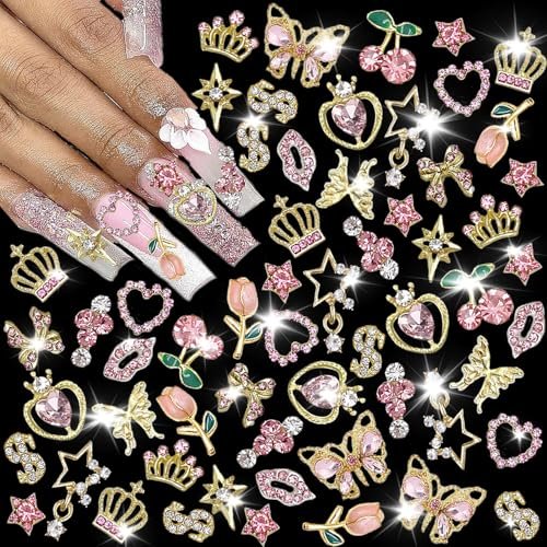KACHIMOO 30 PCS Pink Nail Charms Y2k Nail Charm Shiny Rhinestones for Nails - 3D Heart, Bow, Star, Cherry, Crown, Butterfly, Flower Nail Gems, Gold Nail Art Charms for Women Girls Nail DIY Avelisse