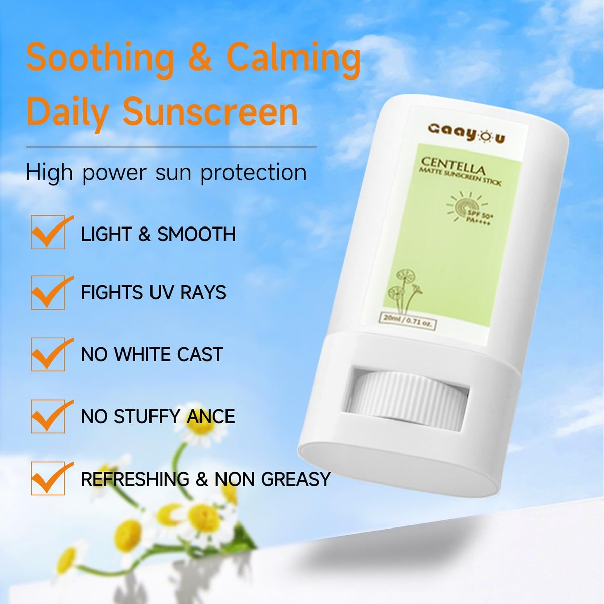 Gaayou Centella Sunscreen Stick SPF50+ PA++++ | Korean Sunscreen Stick for Face & Body | Soothing, Moisture Matte Finish, Non-Greasy, No White Cast - görsel 15