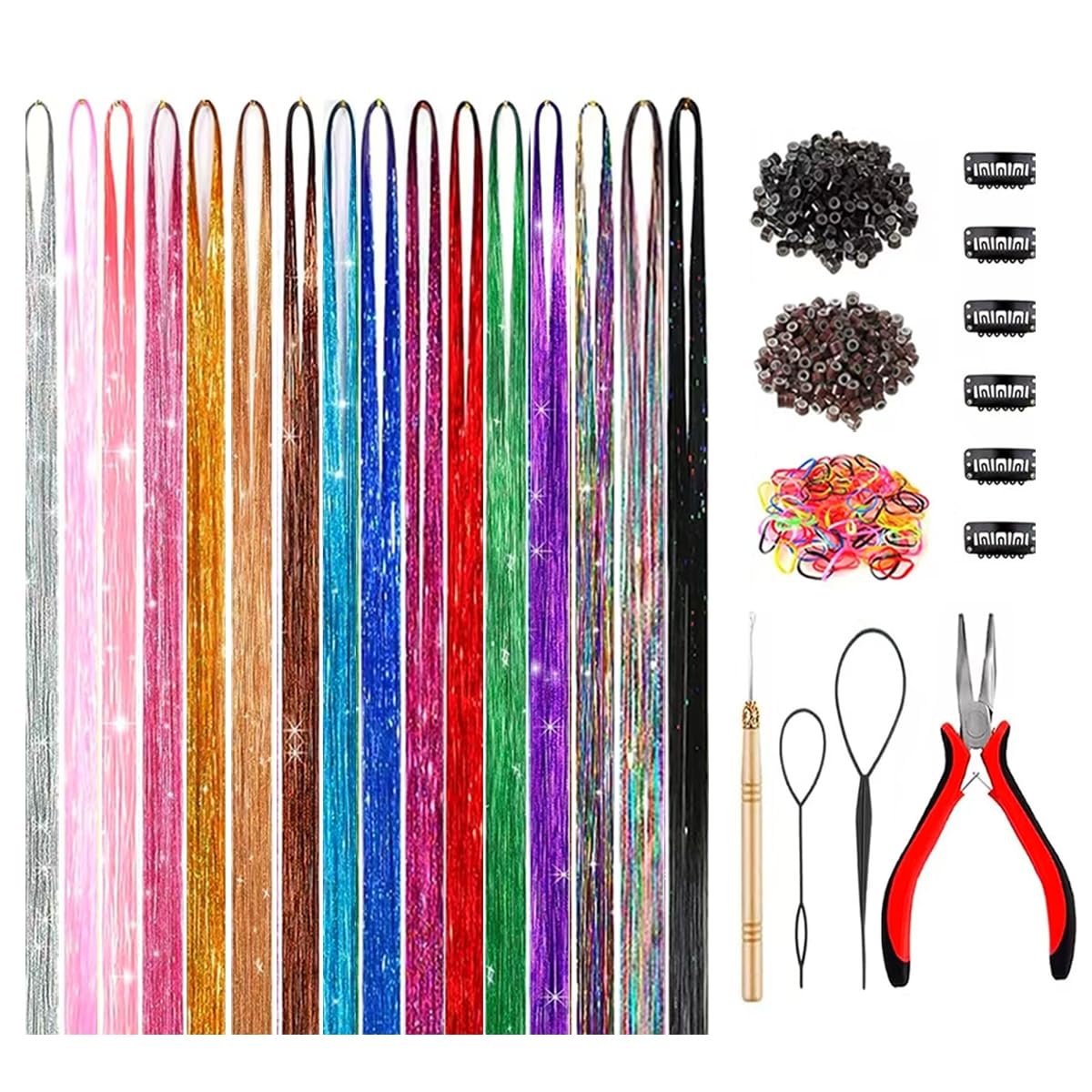 GTTUKK Hair Tinsel Kit - 48 Inch, 16 Colors, 3200 Strands - Heat Resistant Fairy Hair Extensions for Women & Girls - görsel 1