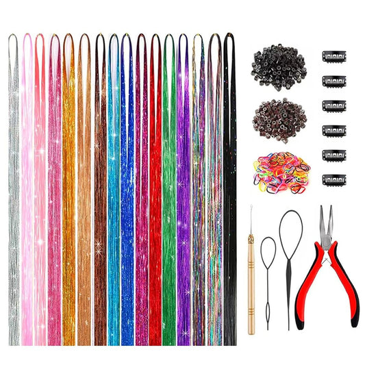 GTTUKK Hair Tinsel Kit - 48 Inch, 16 Colors, 3200 Strands - Heat Resistant Fairy Hair Extensions for Women & Girls