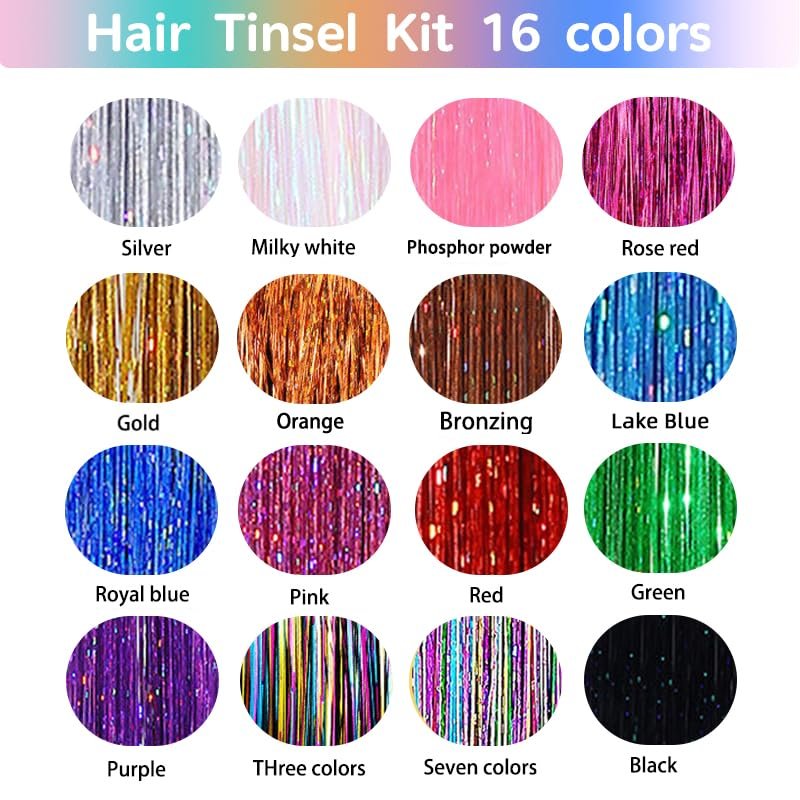 GTTUKK Hair Tinsel Kit - 48 Inch, 16 Colors, 3200 Strands - Heat Resistant Fairy Hair Extensions for Women & Girls - görsel 3