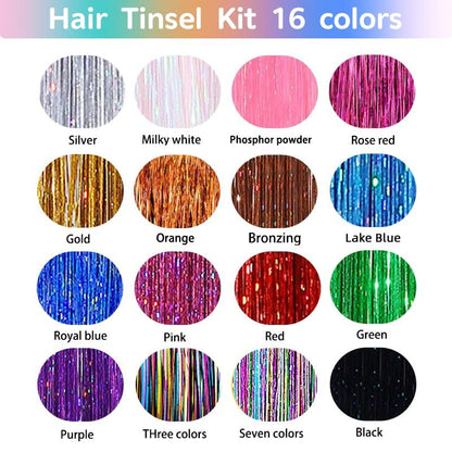 GTTUKK Hair Tinsel Kit - 48 Inch, 16 Colors, 3200 Strands - Heat Resistant Fairy Hair Extensions for Women & Girls