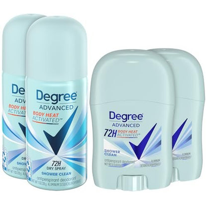 Degree Women's Travel Deodorant Antiperspirant Bundle – Advanced 72H Protection Mini Sticks and Dry Sprays, Shower Clean Scent (4 Piece Set) Avelisse