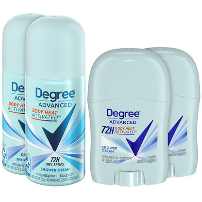 Degree Women's Travel Deodorant Antiperspirant Bundle – Advanced 72H Protection Mini Sticks and Dry Sprays, Shower Clean Scent (4 Piece Set) Avelisse