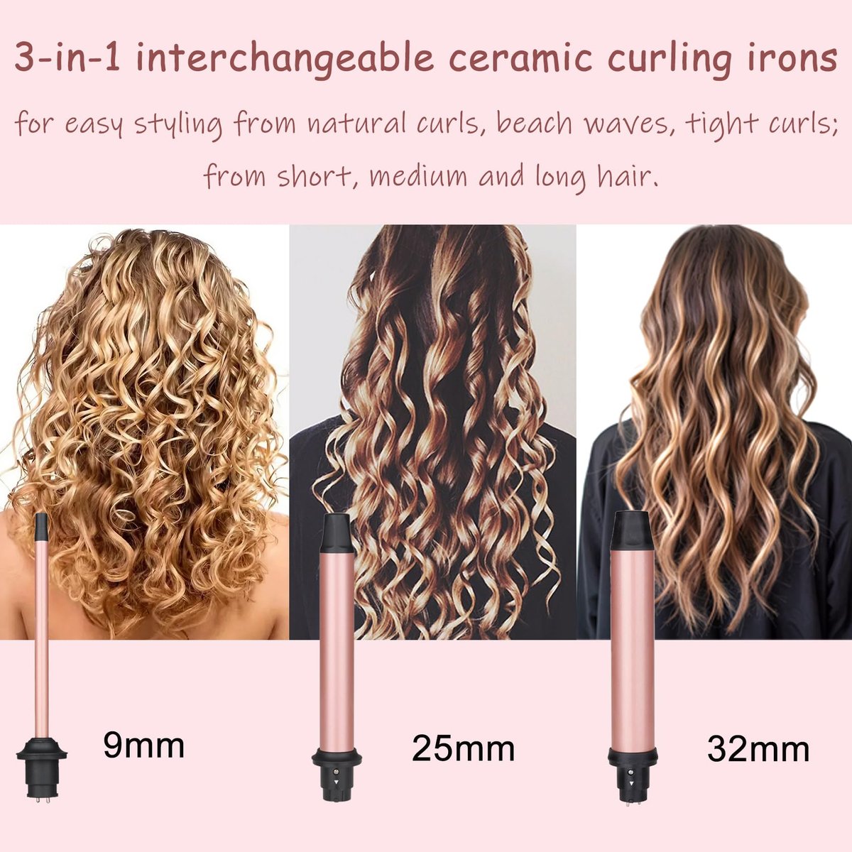 3 in 1 Curling Iron Set with Interchangeable Ceramic Barrels – UNOBEY Rose Gold Curling Wand for Beach Waves Avelisse