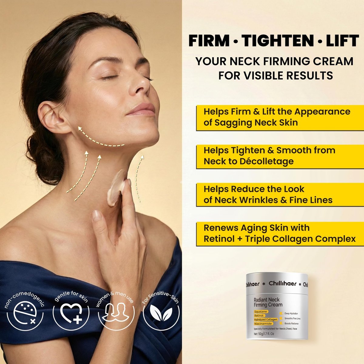 Chillihaer 8-in-1 Neck Firming Cream – Retinol & Triple Collagen Moisturizer for Neck, Face, Chest & Décolleté – Tighten, Lift & Smooth the Look of Sagging Crepey Skin, Fine Lines & Wrinkles – Women & Men, 1.7 Fl Oz Avelisse