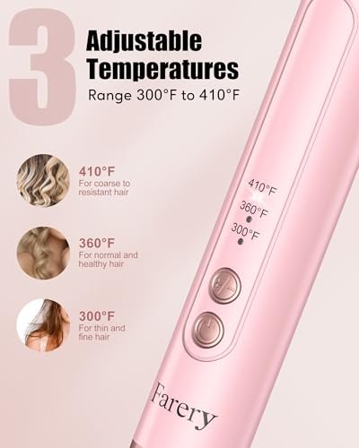 Farery 3-in-1 Interchangeable Automatic Rotating Curling Iron & Thermal Brush Set - 1'' & 1.25'' Curling Irons + 1.5'' Heated Round Brush, 3 Temperatures 300-410°F, Ceramic Tourmaline, Pink Avelisse