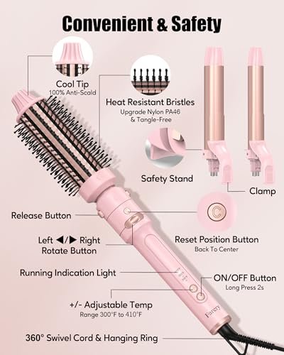 Farery 3-in-1 Interchangeable Automatic Rotating Curling Iron & Thermal Brush Set - 1'' & 1.25'' Curling Irons + 1.5'' Heated Round Brush, 3 Temperatures 300-410°F, Ceramic Tourmaline, Pink Avelisse
