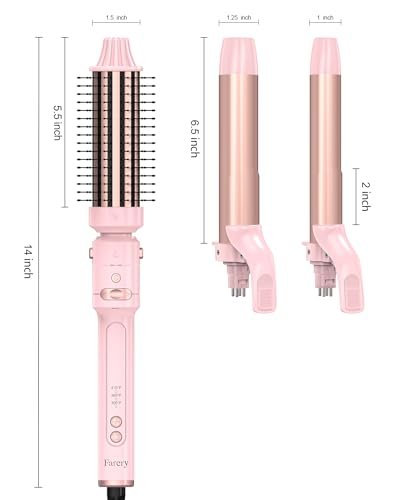 Farery 3-in-1 Interchangeable Automatic Rotating Curling Iron & Thermal Brush Set - 1'' & 1.25'' Curling Irons + 1.5'' Heated Round Brush, 3 Temperatures 300-410°F, Ceramic Tourmaline, Pink Avelisse