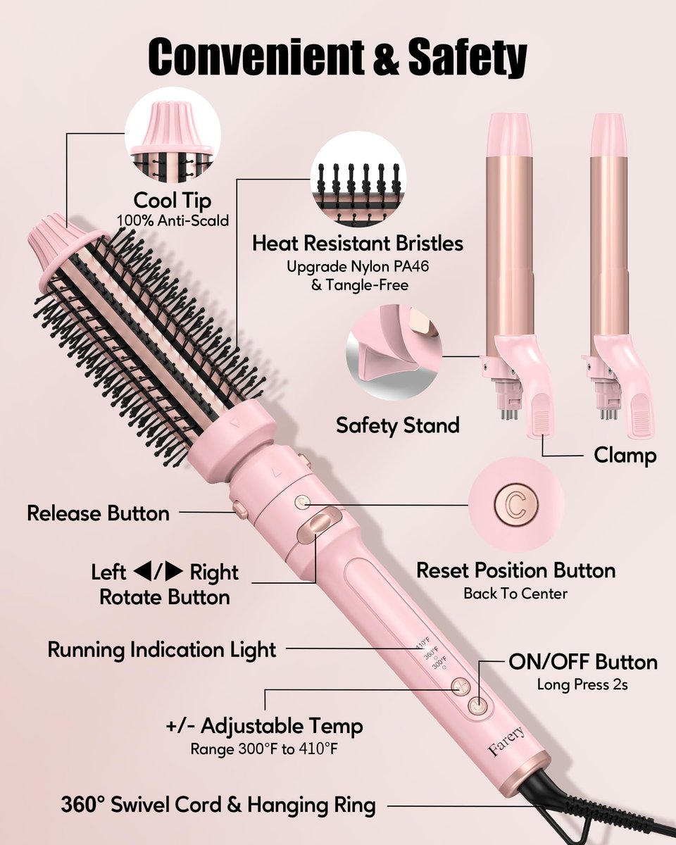 Farery 3-in-1 Interchangeable Automatic Rotating Curling Iron & Thermal Brush Set - 1'' & 1.25'' Curling Irons + 1.5'' Heated Round Brush, 3 Temperatures 300-410°F, Ceramic Tourmaline, Pink Avelisse