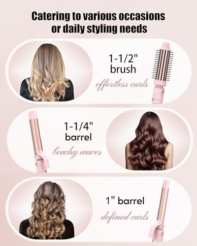 Farery 3-in-1 Interchangeable Automatic Rotating Curling Iron & Thermal Brush Set - 1'' & 1.25'' Curling Irons + 1.5'' Heated Round Brush, 3 Temperatures 300-410°F, Ceramic Tourmaline, Pink Avelisse