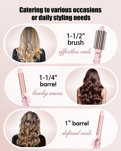 Farery 3-in-1 Interchangeable Automatic Rotating Curling Iron & Thermal Brush Set - 1'' & 1.25'' Curling Irons + 1.5'' Heated Round Brush, 3 Temperatures 300-410°F, Ceramic Tourmaline, Pink Avelisse