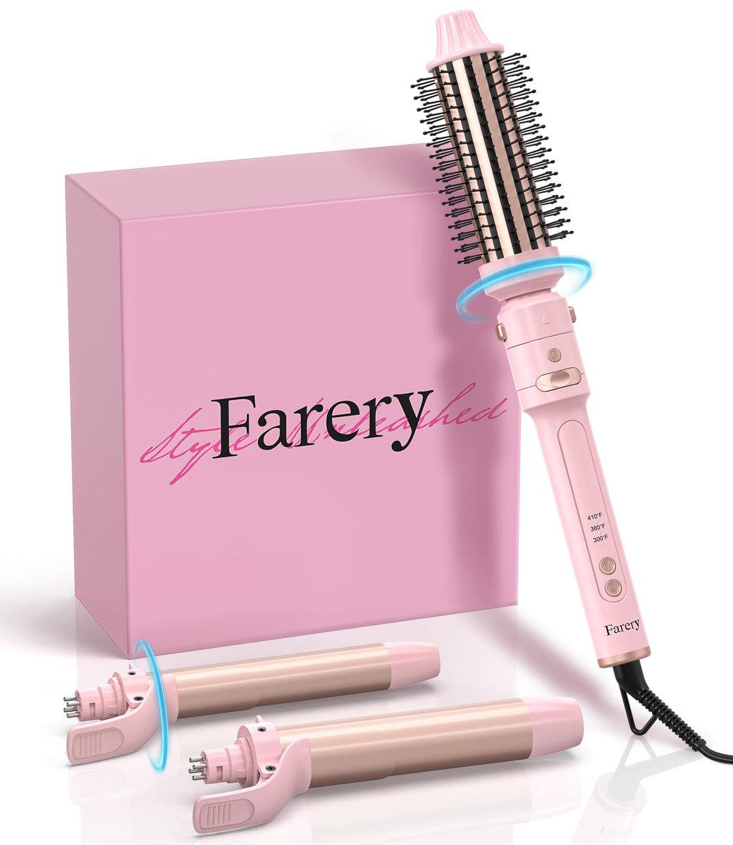 Farery 3-in-1 Interchangeable Automatic Rotating Curling Iron & Thermal Brush Set - 1'' & 1.25'' Curling Irons + 1.5'' Heated Round Brush, 3 Temperatures 300-410°F, Ceramic Tourmaline, Pink Avelisse