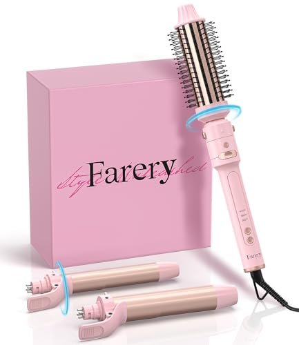 Farery 3-in-1 Interchangeable Automatic Rotating Curling Iron & Thermal Brush Set - 1'' & 1.25'' Curling Irons + 1.5'' Heated Round Brush, 3 Temperatures 300-410°F, Ceramic Tourmaline, Pink Avelisse