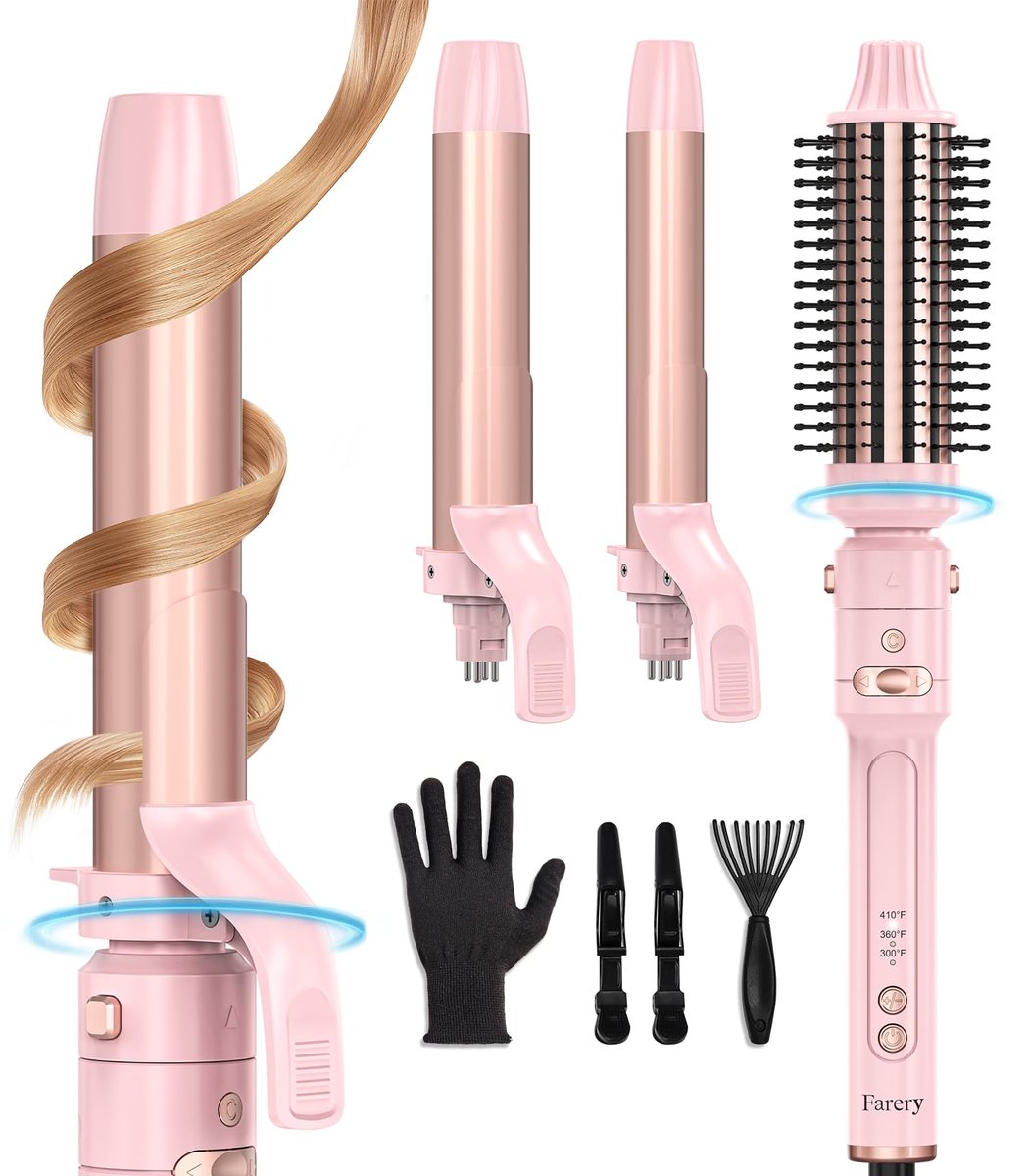 Farery 3-in-1 Interchangeable Automatic Rotating Curling Iron & Thermal Brush Set - 1'' & 1.25'' Curling Irons + 1.5'' Heated Round Brush, 3 Temperatures 300-410°F, Ceramic Tourmaline, Pink Avelisse