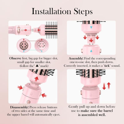 Farery 3-in-1 Interchangeable Automatic Rotating Curling Iron & Thermal Brush Set - 1'' & 1.25'' Curling Irons + 1.5'' Heated Round Brush, 3 Temperatures 300-410°F, Ceramic Tourmaline, Pink Avelisse
