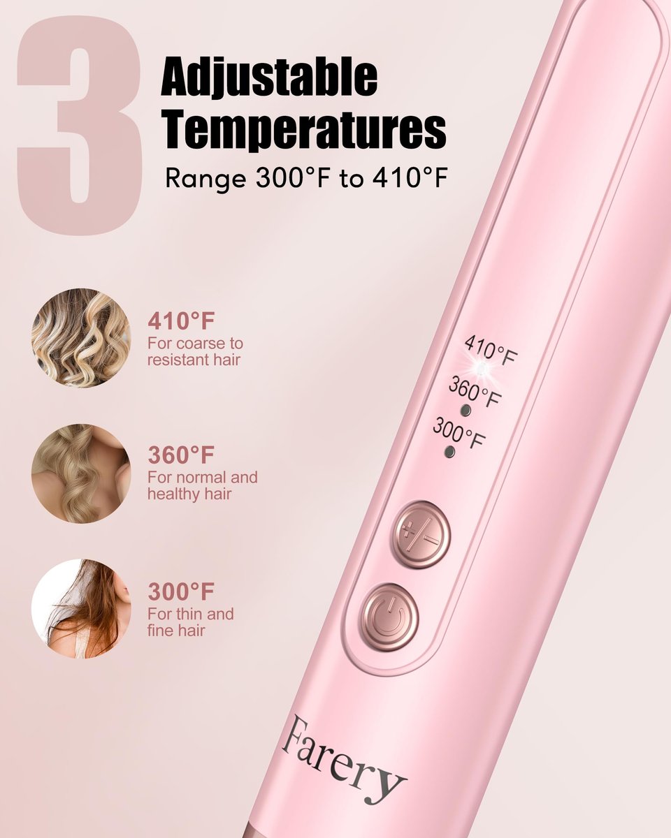 Farery 3-in-1 Interchangeable Automatic Rotating Curling Iron & Thermal Brush Set - 1'' & 1.25'' Curling Irons + 1.5'' Heated Round Brush, 3 Temperatures 300-410°F, Ceramic Tourmaline, Pink Avelisse
