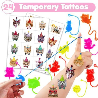 48PCS Cat Party Favors - Temporary Tattoos & Stick Hands for Kids Birthday Party Supplies, Goodie Bag Stuffers, Classroom Prizes, Treasure Box Toys