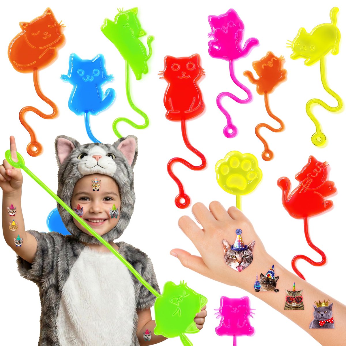 48PCS Cat Party Favors - Temporary Tattoos & Stick Hands for Kids Birthday Party Supplies, Goodie Bag Stuffers, Classroom Prizes, Treasure Box Toys - görsel 1