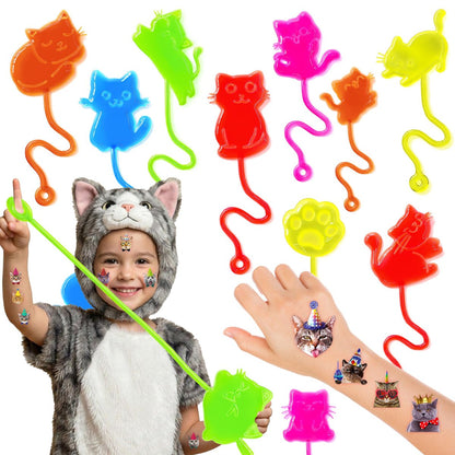 48PCS Cat Party Favors - Temporary Tattoos & Stick Hands for Kids Birthday Party Supplies, Goodie Bag Stuffers, Classroom Prizes, Treasure Box Toys