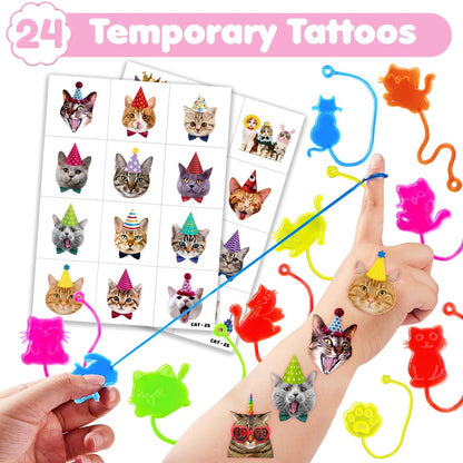 48PCS Cat Party Favors - Temporary Tattoos & Stick Hands for Kids Birthday Party Supplies, Goodie Bag Stuffers, Classroom Prizes, Treasure Box Toys