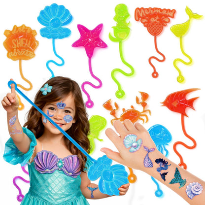 48-Piece Mermaid Party Favors: Temporary Tattoos & Sticky Hands for Kids Birthday Party Supplies, Goodie Bag Stuffers, Classroom Prizes