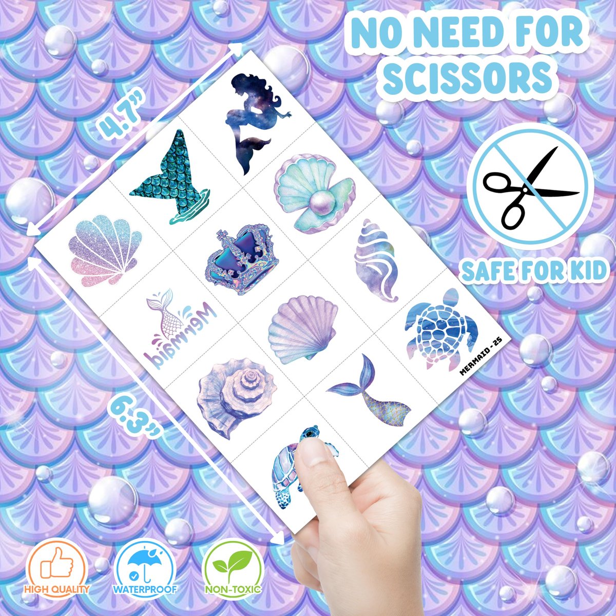48-Piece Mermaid Party Favors: Temporary Tattoos & Sticky Hands for Kids Birthday Party Supplies, Goodie Bag Stuffers, Classroom Prizes - görsel 17