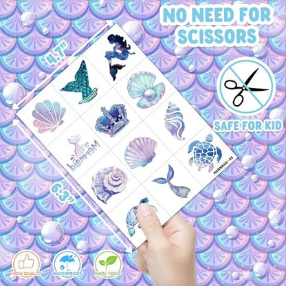 48-Piece Mermaid Party Favors: Temporary Tattoos & Sticky Hands for Kids Birthday Party Supplies, Goodie Bag Stuffers, Classroom Prizes