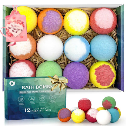12 Pack Handmade Natural Organic Bath Bombs with Shea Butter - Birthday Gifts for Women & Men, Spa Relaxing Self Care Basket Set for Mom, Teacher Appreciation