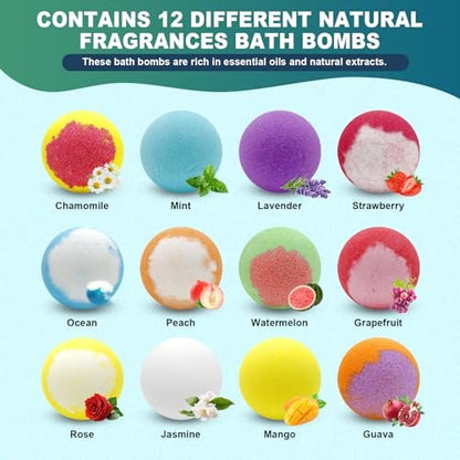 12 Pack Handmade Natural Organic Bath Bombs with Shea Butter - Birthday Gifts for Women & Men, Spa Relaxing Self Care Basket Set for Mom, Teacher Appreciation