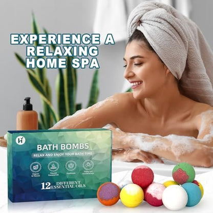 12 Pack Handmade Natural Organic Bath Bombs with Shea Butter - Birthday Gifts for Women & Men, Spa Relaxing Self Care Basket Set for Mom, Teacher Appreciation
