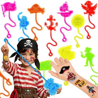 48PCS Pirate Party Favors for Kids - 24 Temporary Tattoos & 24 Stick Hands - Perfect Birthday Favors, Goodie Bag Stuffers, Treasure Box Toys, Classroom Prizes, and Student Gifts