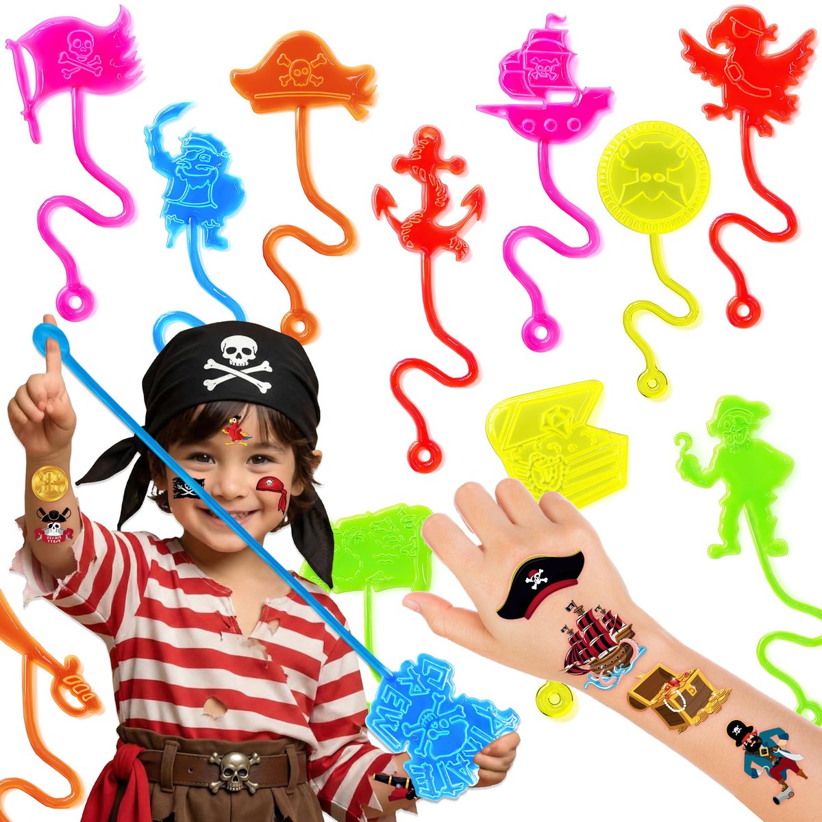 48PCS Pirate Party Favors for Kids - 24 Temporary Tattoos & 24 Stick Hands - Perfect Birthday Favors, Goodie Bag Stuffers, Treasure Box Toys, Classroom Prizes, and Student Gifts - görsel 1