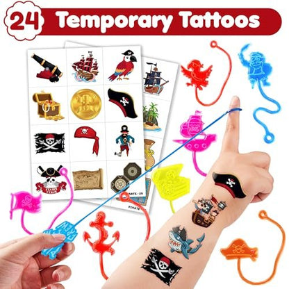 48PCS Pirate Party Favors for Kids - 24 Temporary Tattoos & 24 Stick Hands - Perfect Birthday Favors, Goodie Bag Stuffers, Treasure Box Toys, Classroom Prizes, and Student Gifts