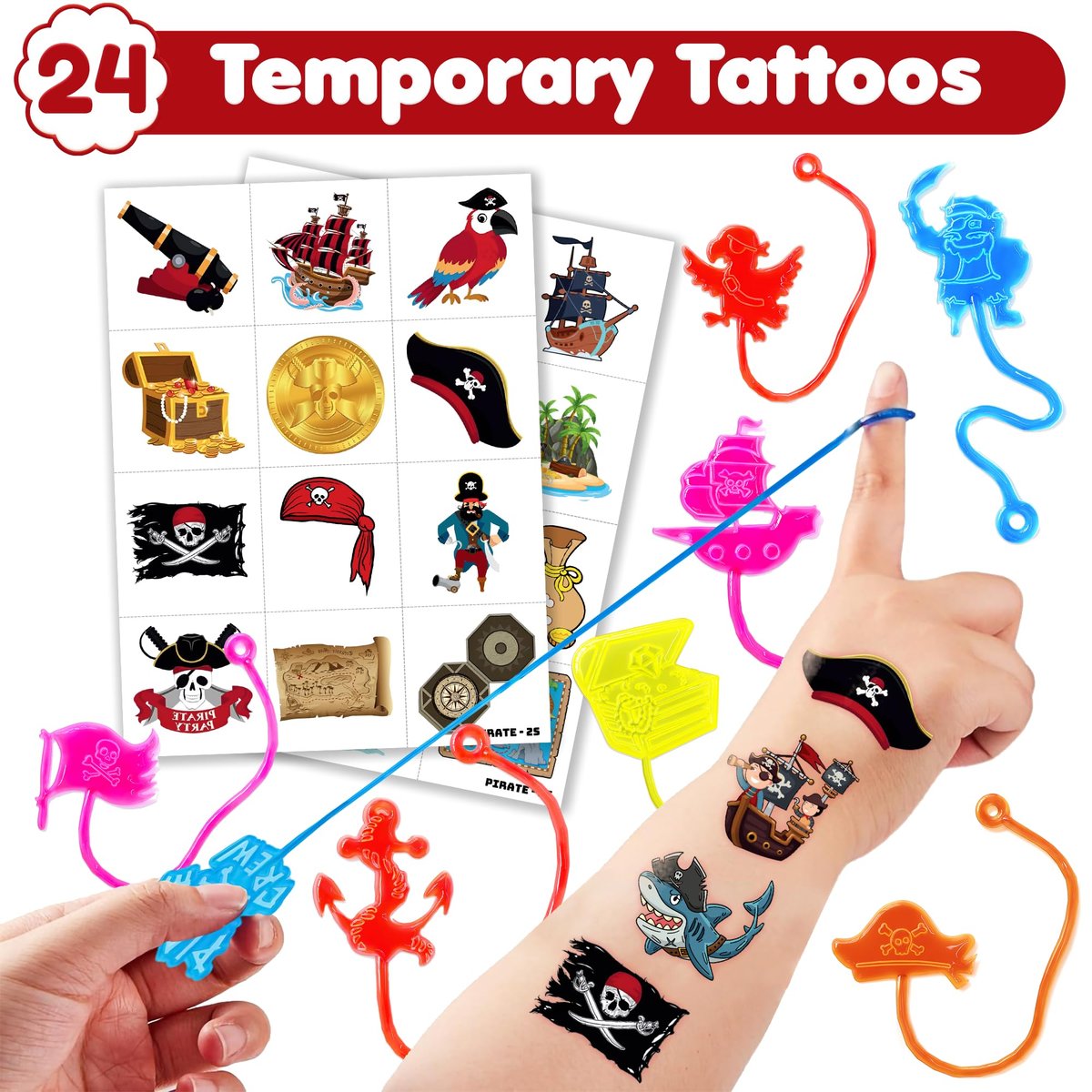 48PCS Pirate Party Favors for Kids - 24 Temporary Tattoos & 24 Stick Hands - Perfect Birthday Favors, Goodie Bag Stuffers, Treasure Box Toys, Classroom Prizes, and Student Gifts - görsel 3