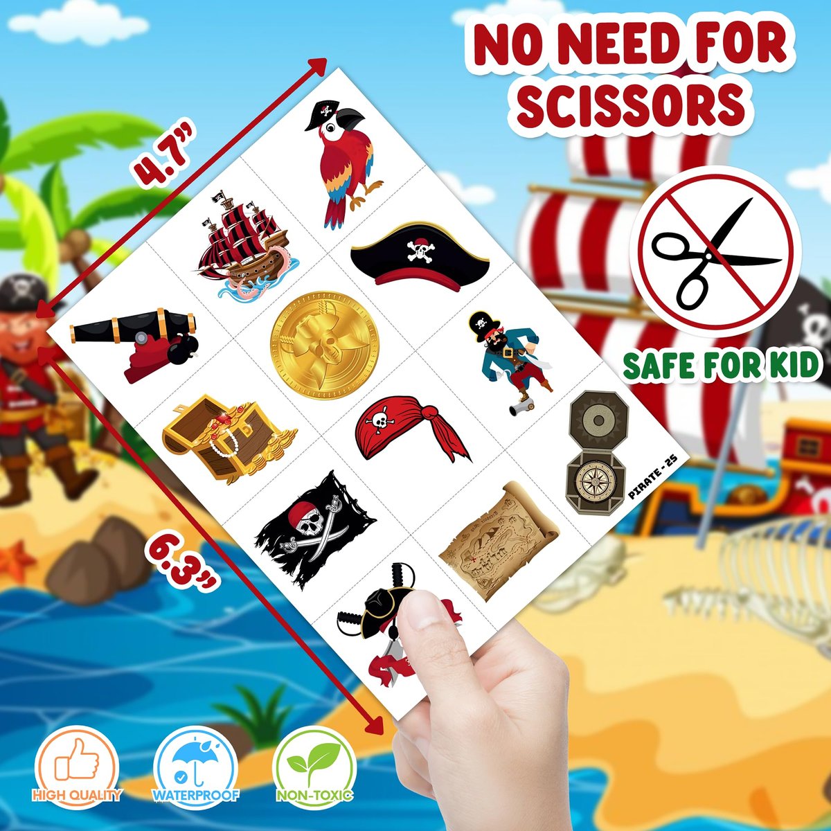 48PCS Pirate Party Favors for Kids - 24 Temporary Tattoos & 24 Stick Hands - Perfect Birthday Favors, Goodie Bag Stuffers, Treasure Box Toys, Classroom Prizes, and Student Gifts - görsel 17