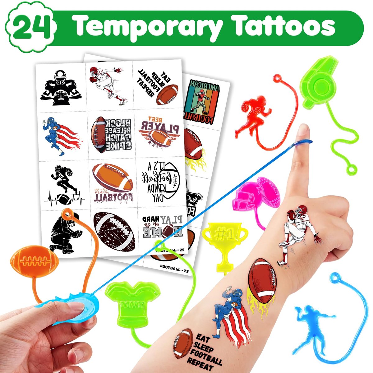 48PCS Football Party Favors Set – 24 Temporary Tattoos & 24 Stick Hands for Kids Birthday, Goodie Bags, Classroom Prizes, and Student Gifts - görsel 3