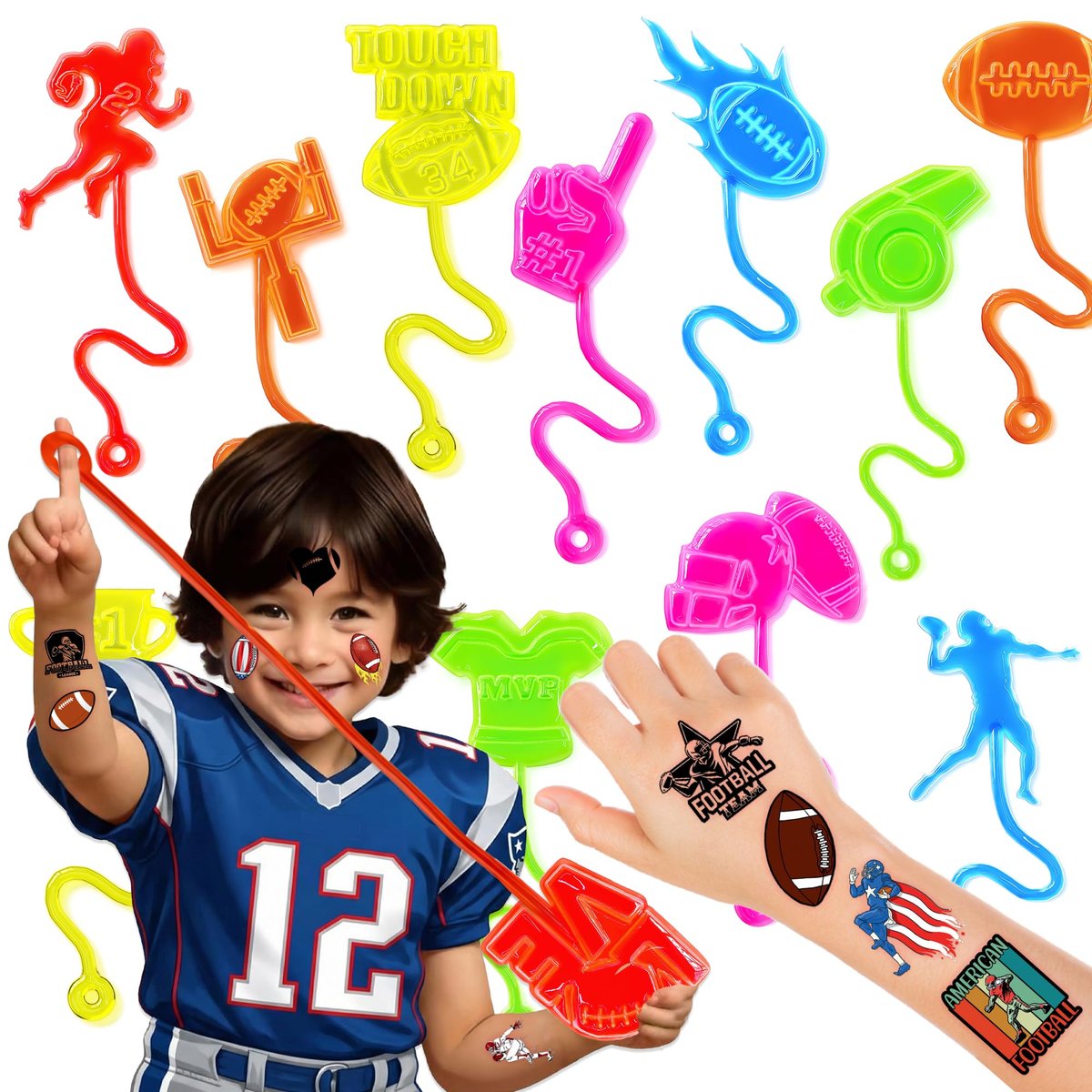 48PCS Football Party Favors Set – 24 Temporary Tattoos & 24 Stick Hands for Kids Birthday, Goodie Bags, Classroom Prizes, and Student Gifts - görsel 1