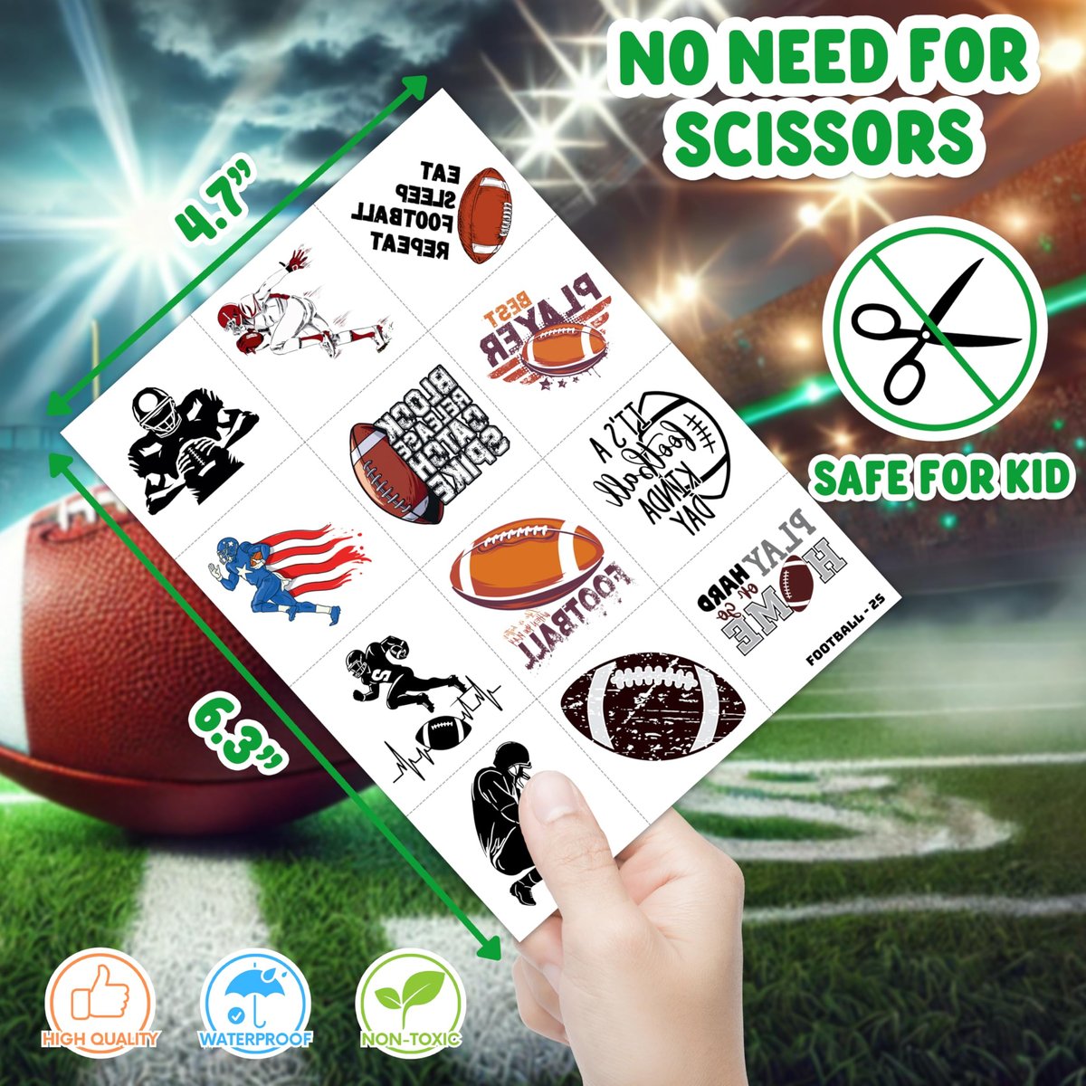 48PCS Football Party Favors Set – 24 Temporary Tattoos & 24 Stick Hands for Kids Birthday, Goodie Bags, Classroom Prizes, and Student Gifts - görsel 17
