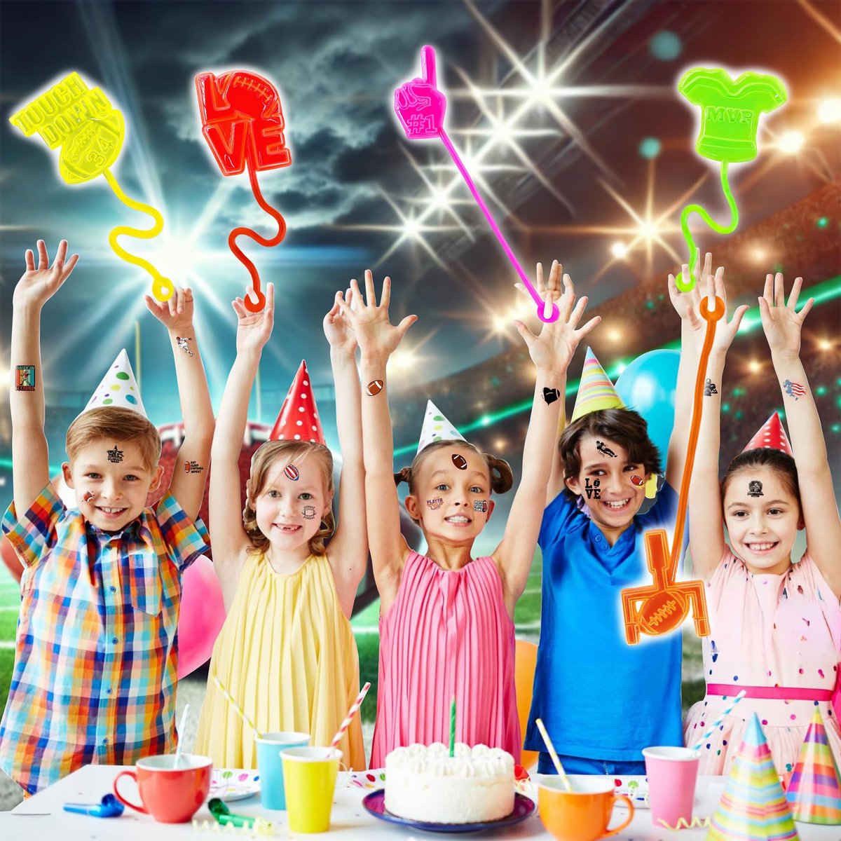 48PCS Football Party Favors Set – 24 Temporary Tattoos & 24 Stick Hands for Kids Birthday, Goodie Bags, Classroom Prizes, and Student Gifts - görsel 11