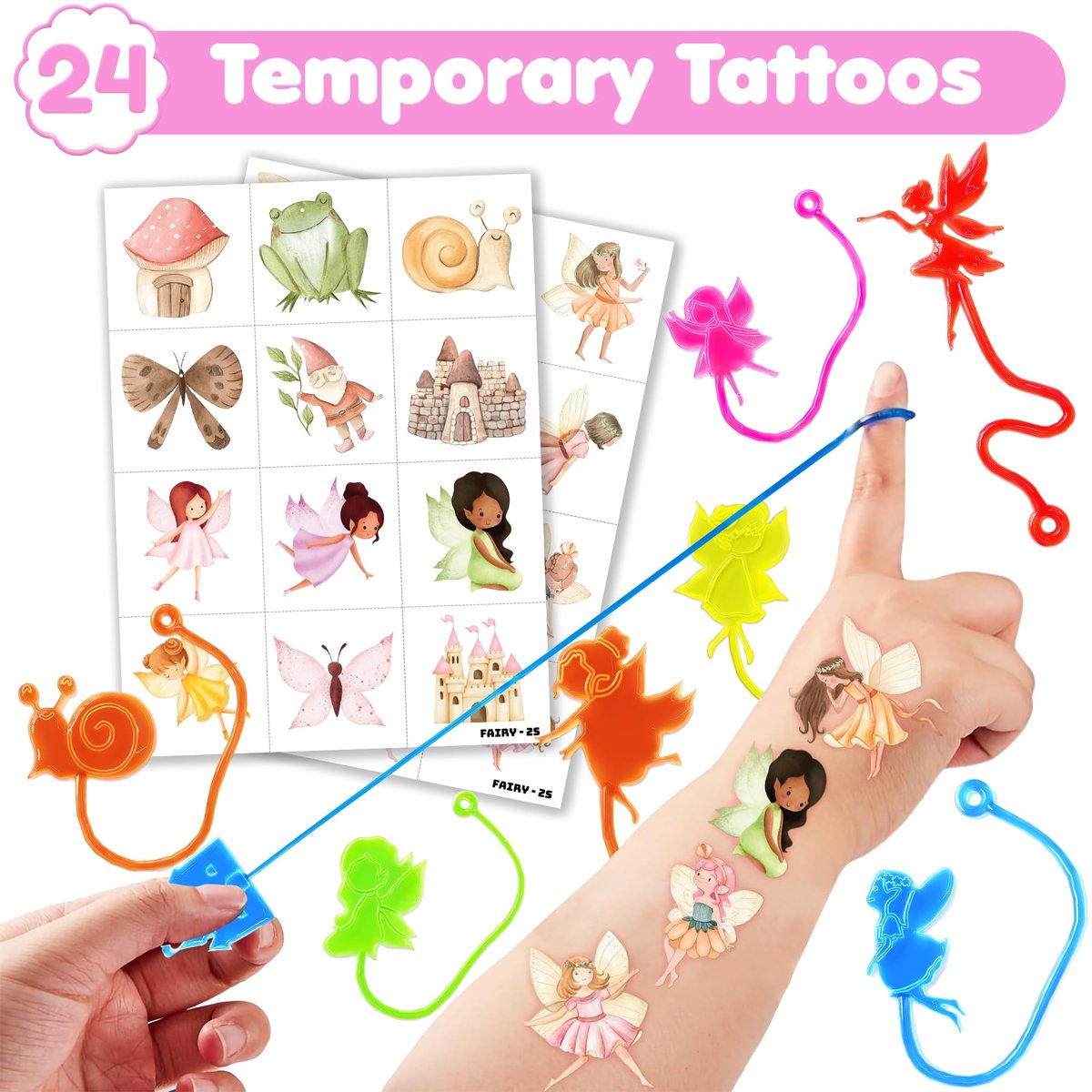 48PCS Fairy Party Favors Set: 24 Temporary Tattoos & 24 Stick Hands for Kids Birthday, Goodie Bag Stuffers, Classroom Prizes, and Treasure Box Toys - görsel 3