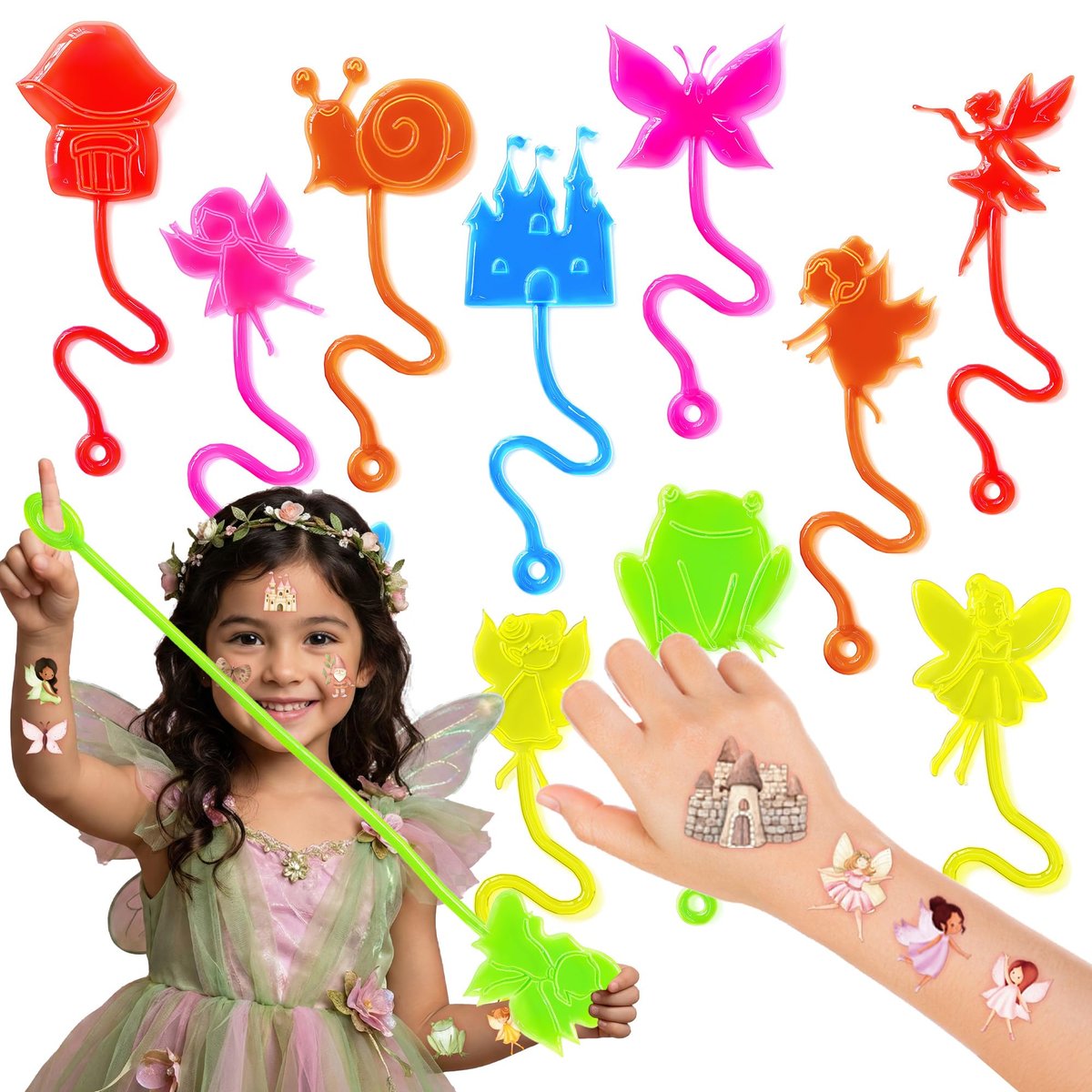 48PCS Fairy Party Favors Set: 24 Temporary Tattoos & 24 Stick Hands for Kids Birthday, Goodie Bag Stuffers, Classroom Prizes, and Treasure Box Toys - görsel 1